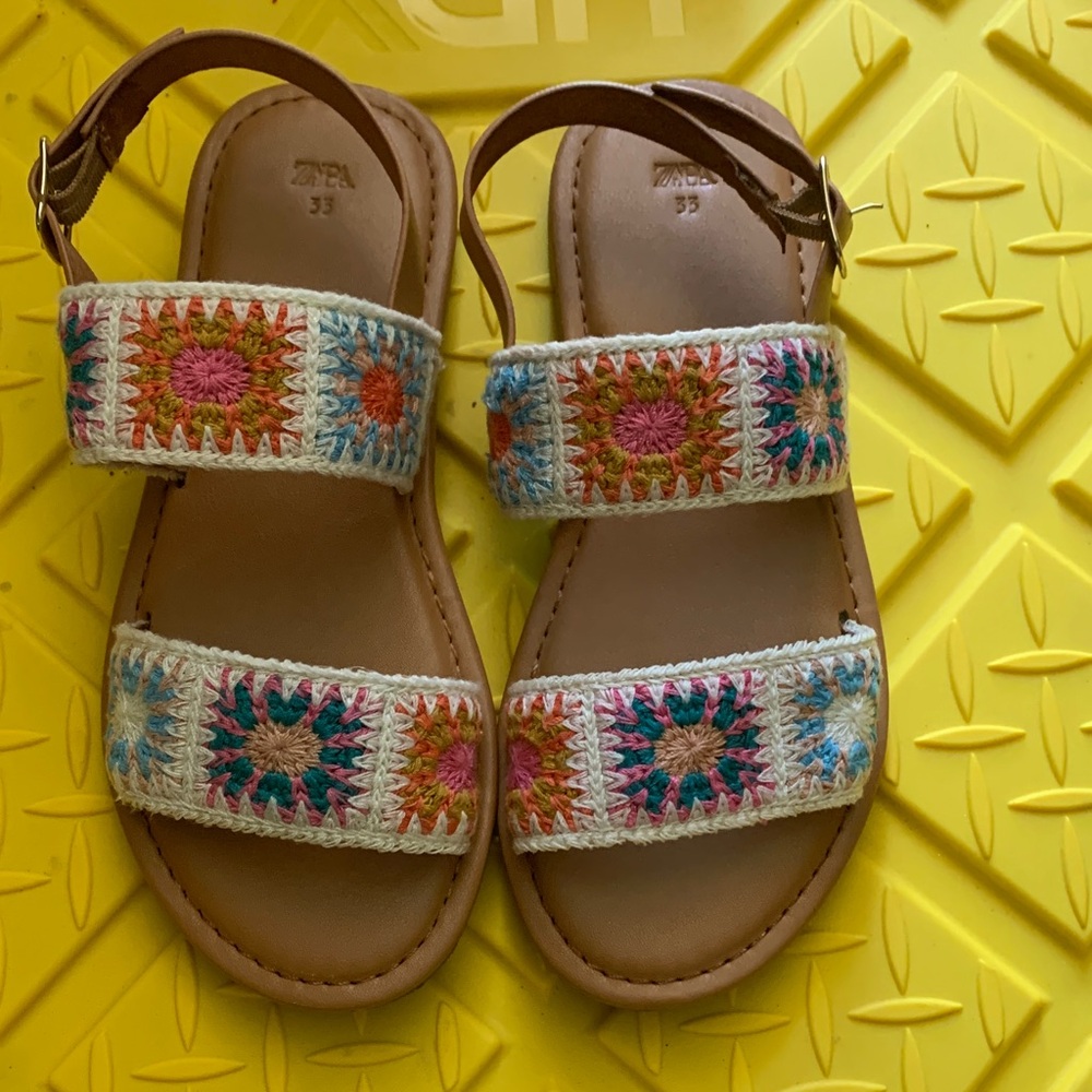Zara Kids Crochet Strap Sandals in Tan with Multicolor Embroidery